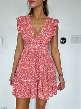 Pink Floral Smocked Waist V-Neck Mini Dress